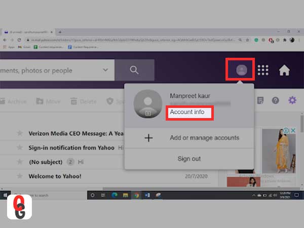 Sign into Yahoo account and click on account info option