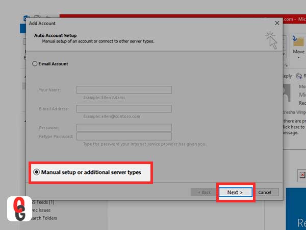 select the Manual setup or additional server types and click next