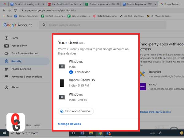 review your recent devices on google's website