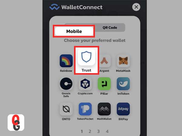 Check you’re on ‘Mobile’ tab and then, select ‘Trust’ from the provided options of wallets.