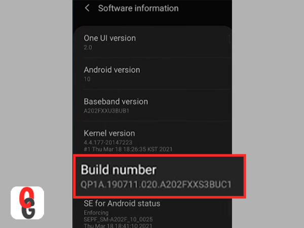 Locate the ‘Build number’ option in the software information menu.