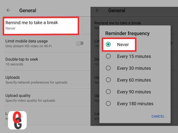 select the “Remind me to take a break” option to ‘Never.’