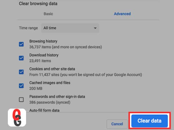 Hit the ‘Clear Data’ button and clear the browsing history, cache, and cookies to optimize your web browser.