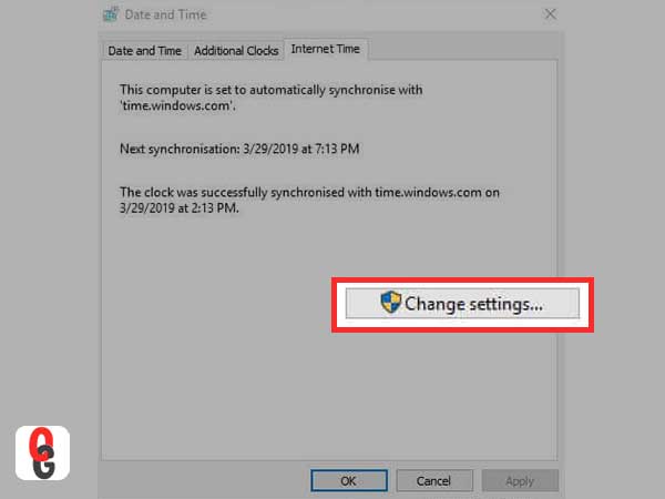 Click on ‘Change Settings’ on the Internet Time tab