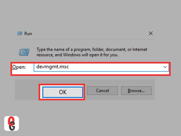 Type “devmgmt.msc” in the Windows Run Dialog box and click ‘OK.’