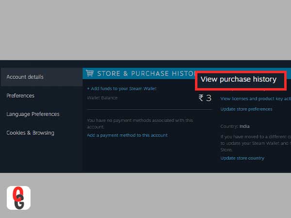 Select the ‘View purchase history’ link - which is listed under the Store & Purchase History section