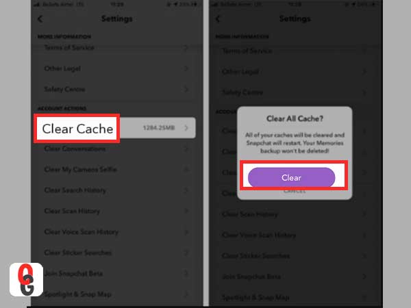 Tap ‘Clear Cache’ and select ‘Clear’ from the pop-up.
