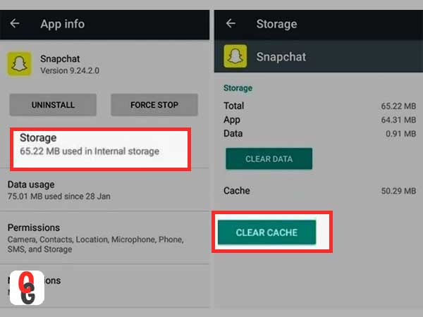 Select the ‘Storage & Cache’ option and tap on the ‘Clear cache’ button to delete the cache files of your Snapchat app.