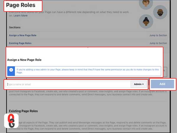 ALT+TAG: Enter a ‘Person Name or Email Address’ under ‘Assign a new Page role’ text box, click on the ‘Editor’ option to change it to ‘Admin’ and then, click on ‘Add’ button.