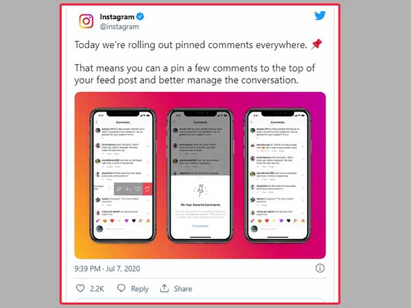 Instagram on its Twitter handle announced that it rolled out the Pinned Comments on Posts feature