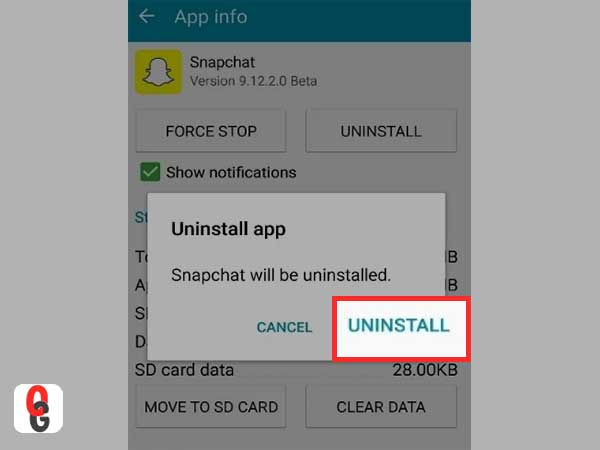 From Snapchat App Interface, tap the ‘Uninstall’ button.