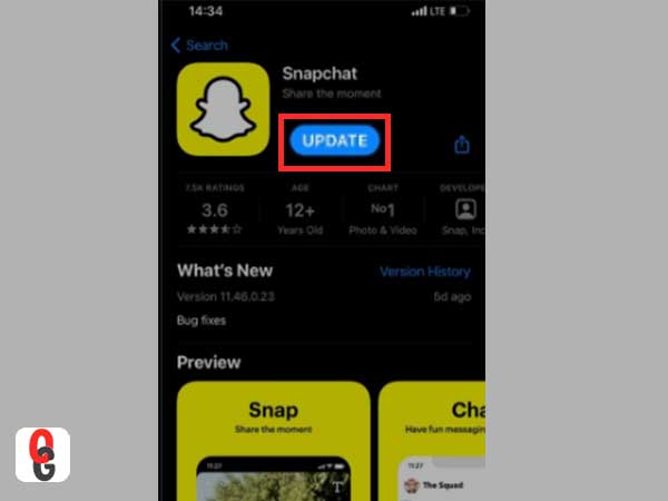 Open Snapchat App Interface and tap ‘Update’ located below Snapchat.