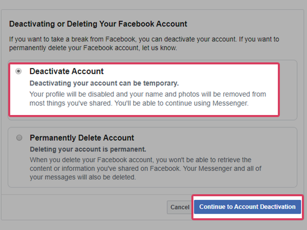 Choose ‘Deactivate account’ and then, tap ‘Continue to account deactivation.’