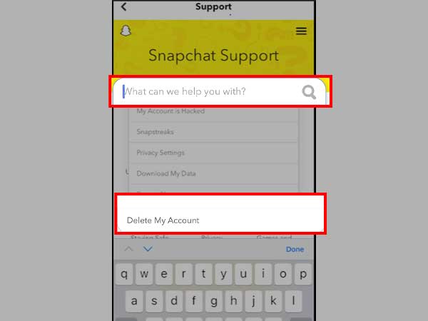 On the ‘Snapchat’s Support’ page, type in “Delete” in the ‘Search bar’ and select ‘Delete my account.’