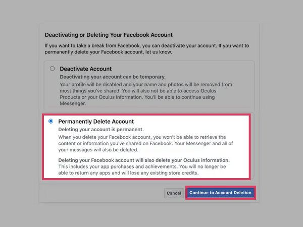 Tap the ‘Permanently Delete Account’ option and ‘Continue to Account Deletion.’