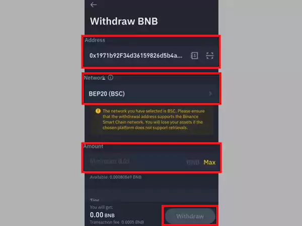 Paste your ‘Smart Chain Code,’ enter the ‘Amount of BNB’ and tap on the “Withdraw” button.