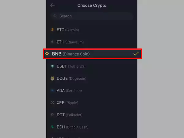 On the list of cryptocurrencies, search for ‘BNB’ and tap on it.