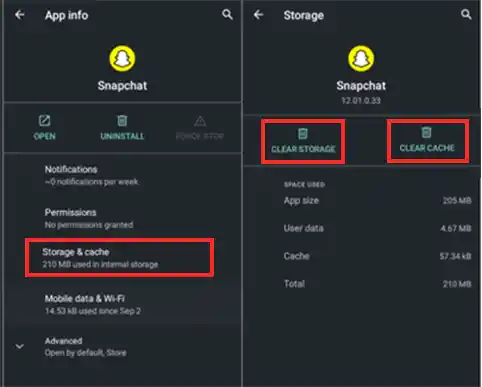 Clear Cache and Storage of Snapchat App.