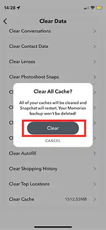 Pop-up for “Clear Cache” on iOS or iPhone Device