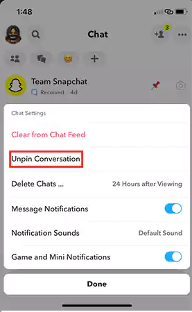 Tap on ‘Unpin Conversation’ from chat settings to unpin someone on Snapchat iPhone