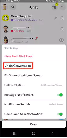 Tap on ‘Unpin Conversation’ option to unpin someone on Snapchat Android