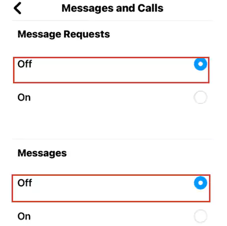 Locate the ‘Messages’ and ‘Message Requests’ options to turn off both