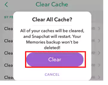 Tap on the “Clear” option to clear Snapchat’s cache