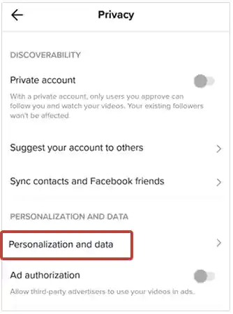  Choose the ‘Personalization and Data’ option.