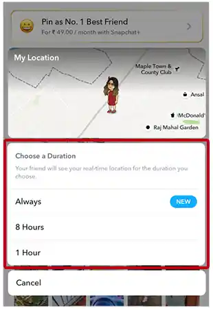 Choose how long you want to share your Live Location.