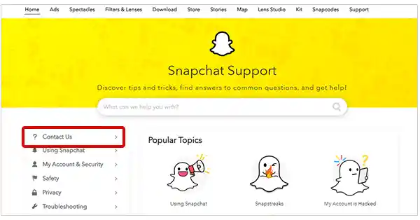On the Snapchat Support page, select the ‘Contact Us’ option.