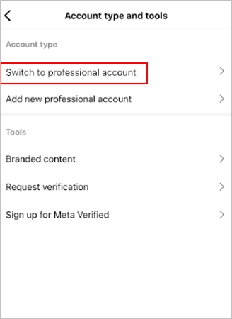 Tap the Switch to Professional Account option.