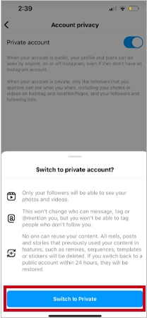 Choose Switch to Private Account in the prompt