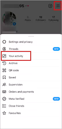 From the menu, open Your Activity on Instagram