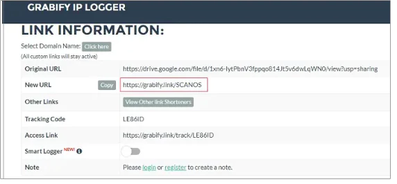 Link information generated by Grabify
