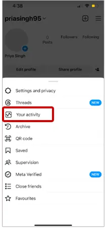 Select ‘Your activity’ from the Instagram menu.