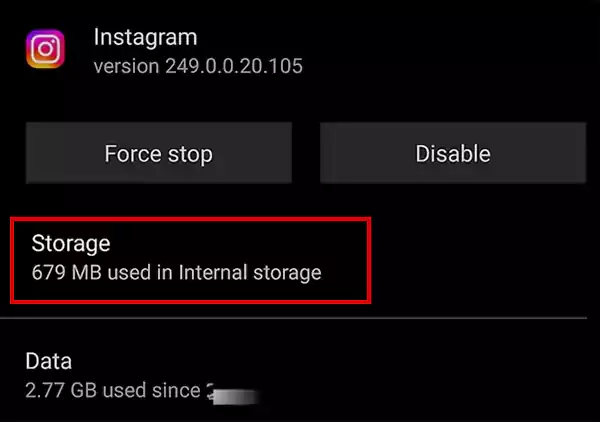 Tap on Storage inside the Instagram app info