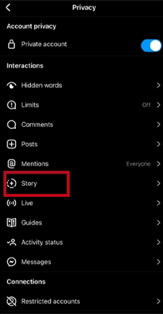 Tap on Story from select Settings and Privacy