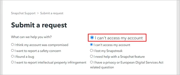 Select I can’t access my account option under What can we help you with